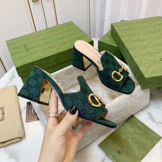 Gucci Horsebit 1955 Green Gold GG Monogram Canvas Buckle Casual Sandals