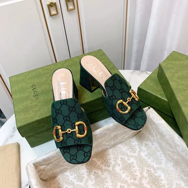 Gucci Horsebit 1955 vert doré GG Monogram Canvas Buckle Casual Sandals 2