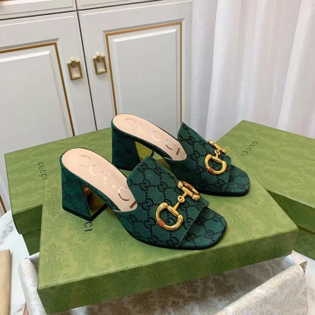 Gucci Horsebit 1955 vert doré GG Monogram Canvas Buckle Casual Sandals 4