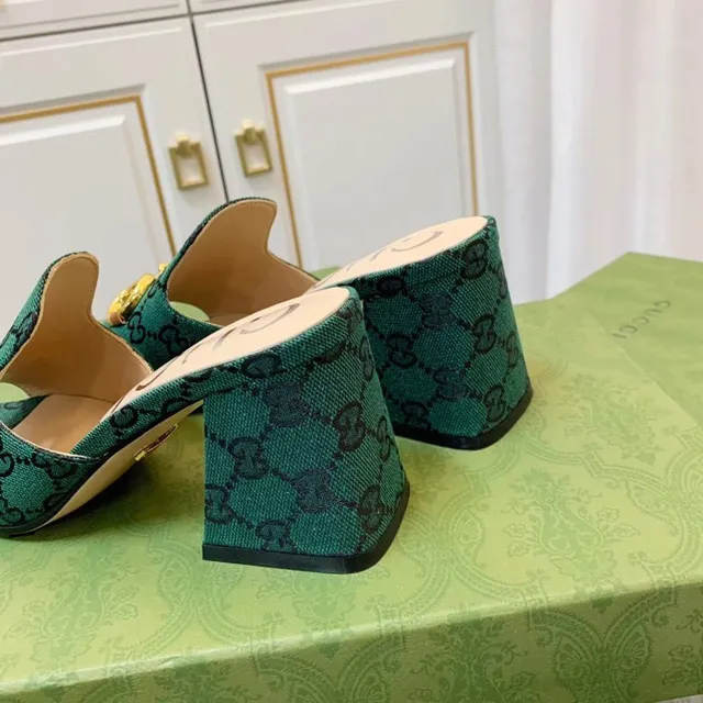 Gucci Horsebit 1955 vert doré GG Monogram Canvas Buckle Casual Sandals 5