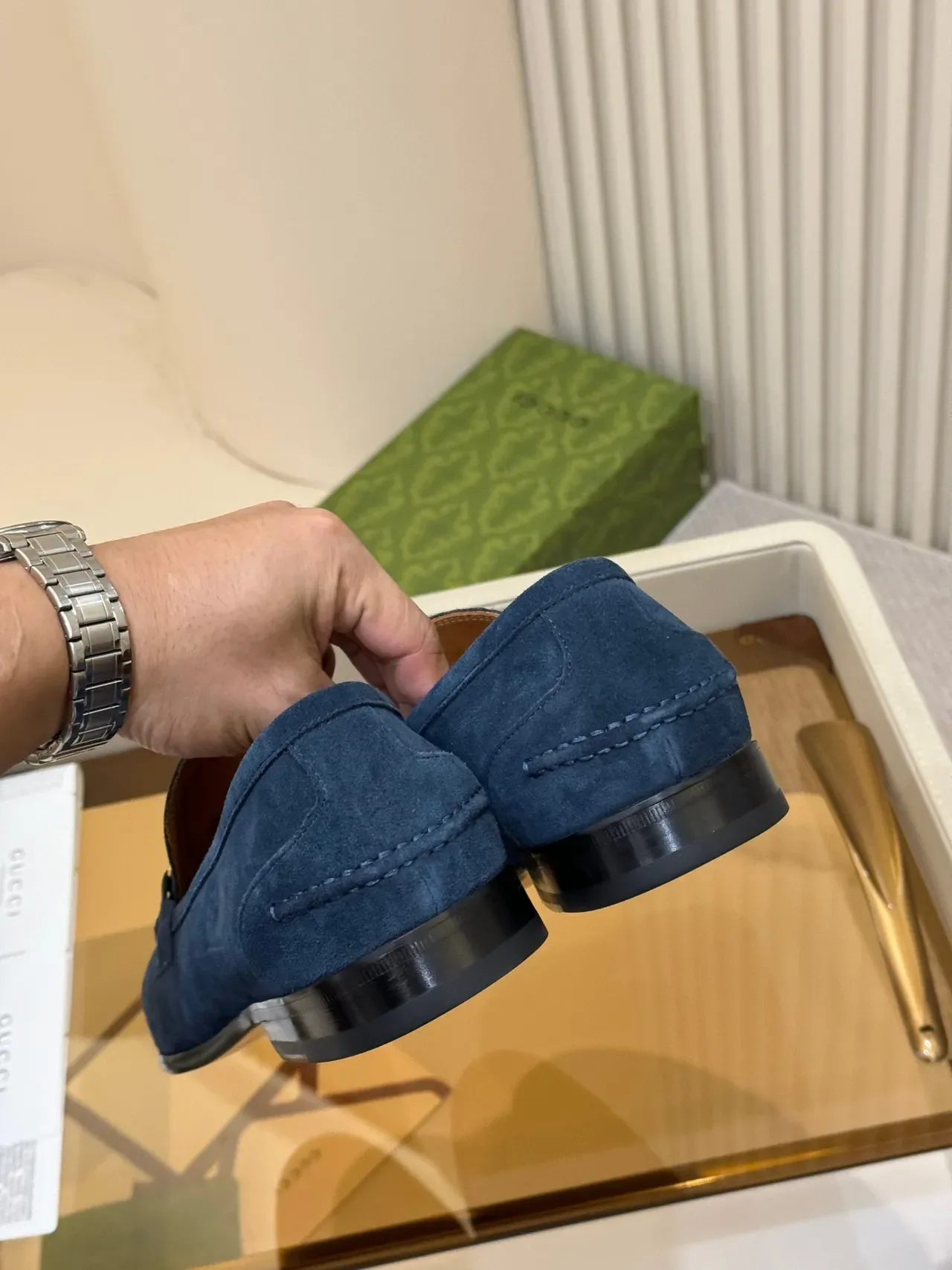 Gucci Horsebit 1955 Navy Gold Suede Hardware Loafer 3