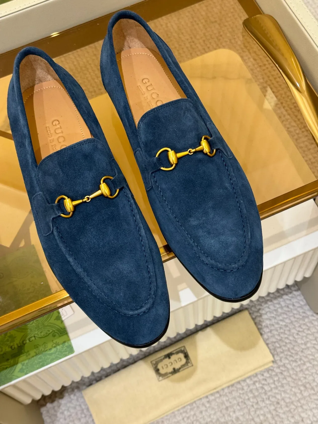 Gucci Horsebit 1955 Navy Gold Suede Hardware Loafer 4