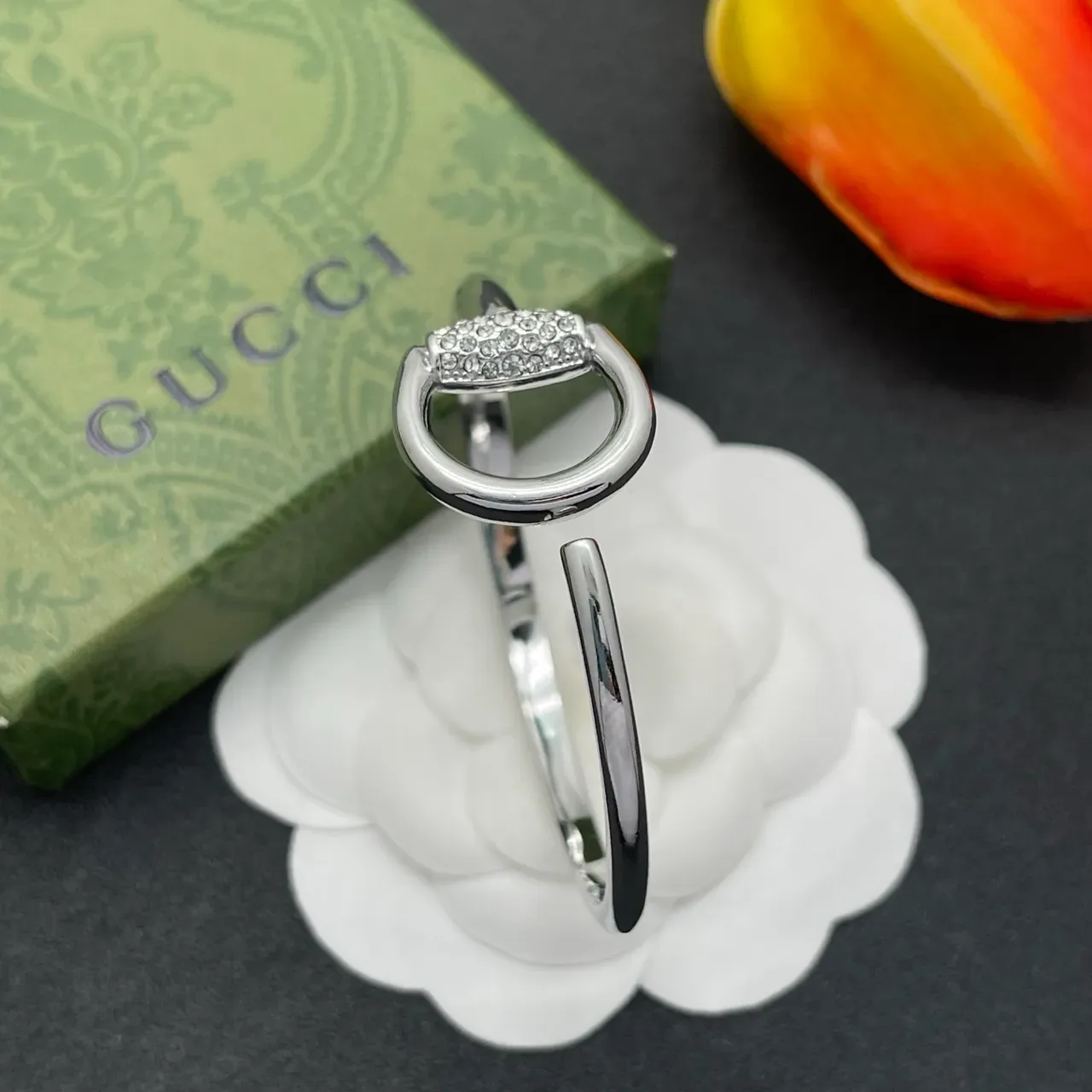 Gucci Horsebit 1955 Pavé Crystal Silver-Tone Open Cuff Bracelet 6