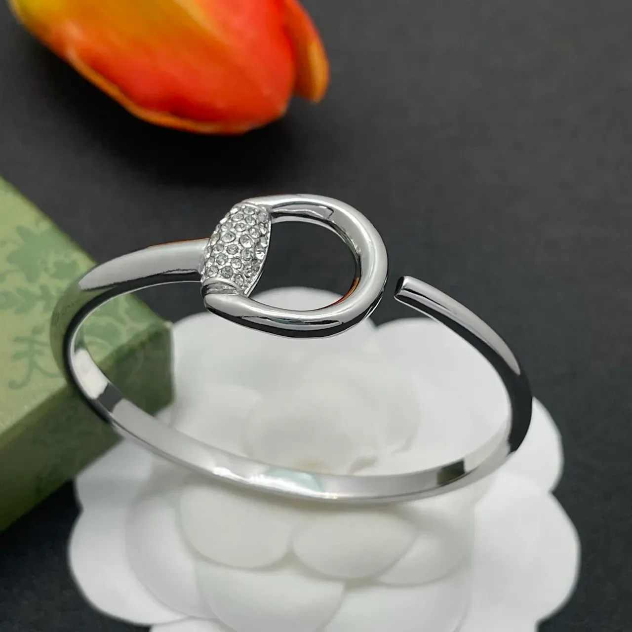 Gucci Horsebit 1955 Pavé Crystal Silver-Tone Open Cuff Bracelet 7