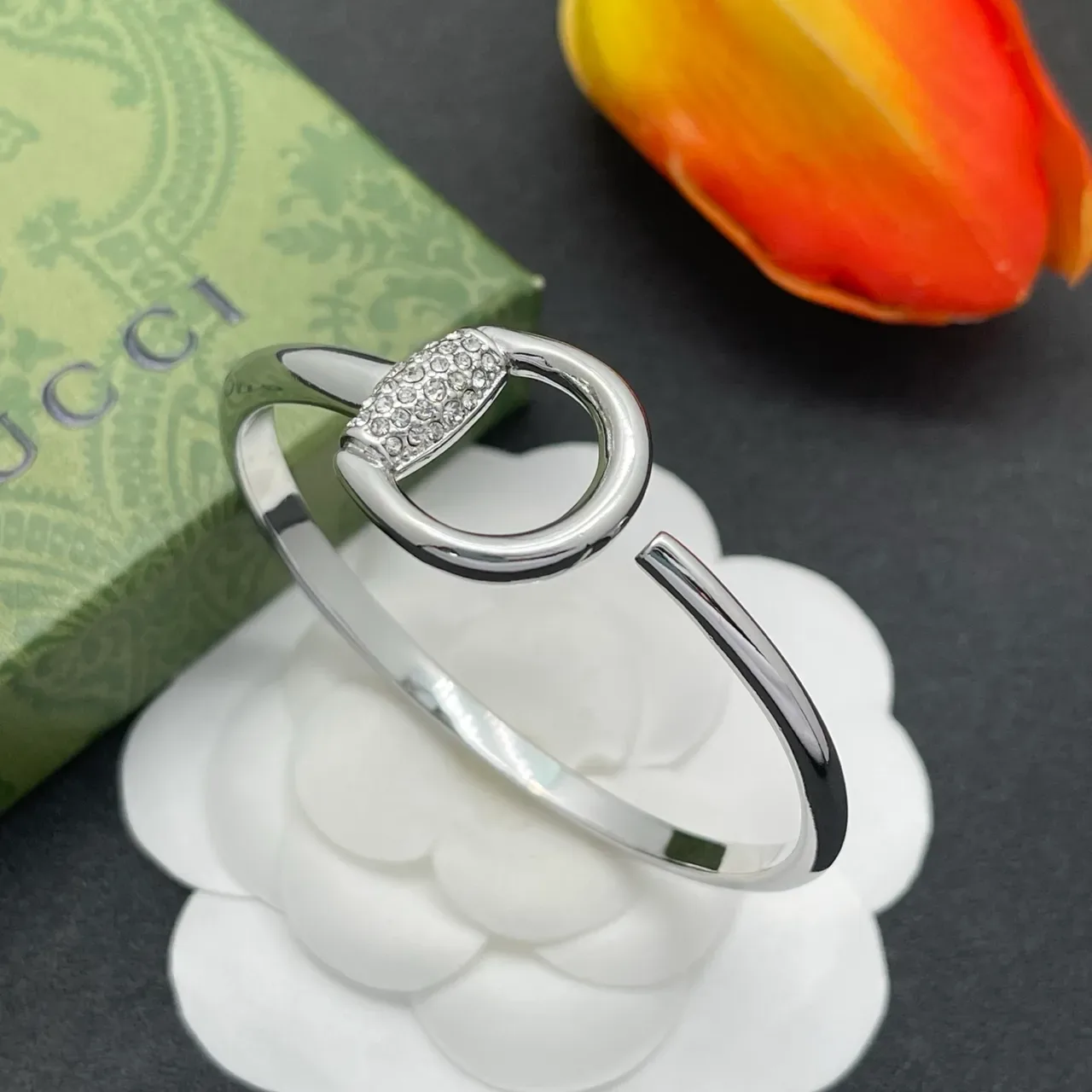 Gucci Horsebit 1955 Pavé Crystal Silver-Tone Open Cuff Bracelet 8