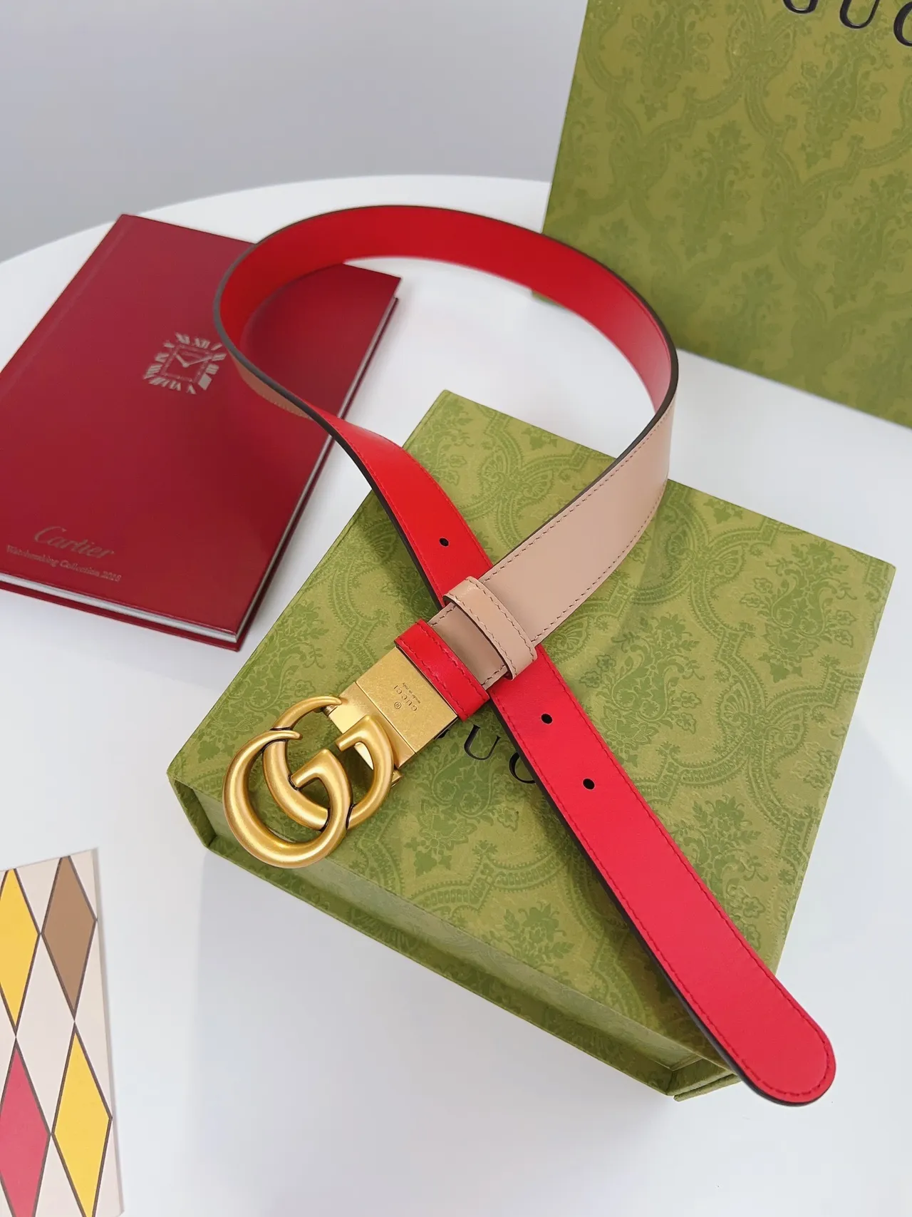Gucci Horsebit 1955 حزام جلدي أحمر وبيج قابل للعكس 6
