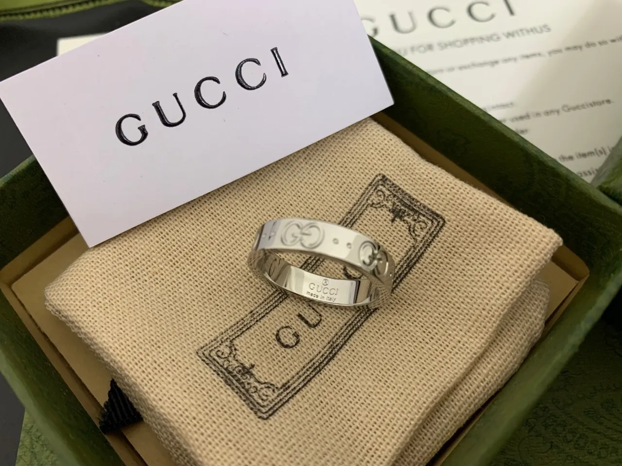 Gucci Interlocking G Green Gold Motif Stackable Band Design Ring 2