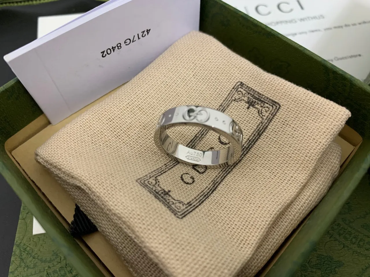 Gucci Interlocking G Green Gold Motif Stackable Band Design Ring 3