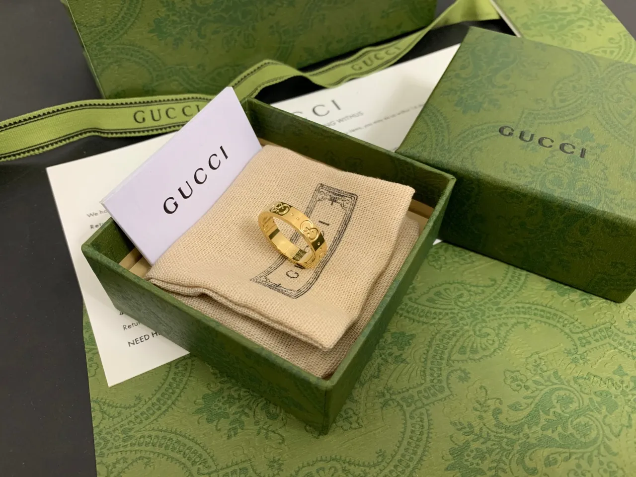 Gucci Interlocking G Green Gold Motif Stackable Band Design Ring 4