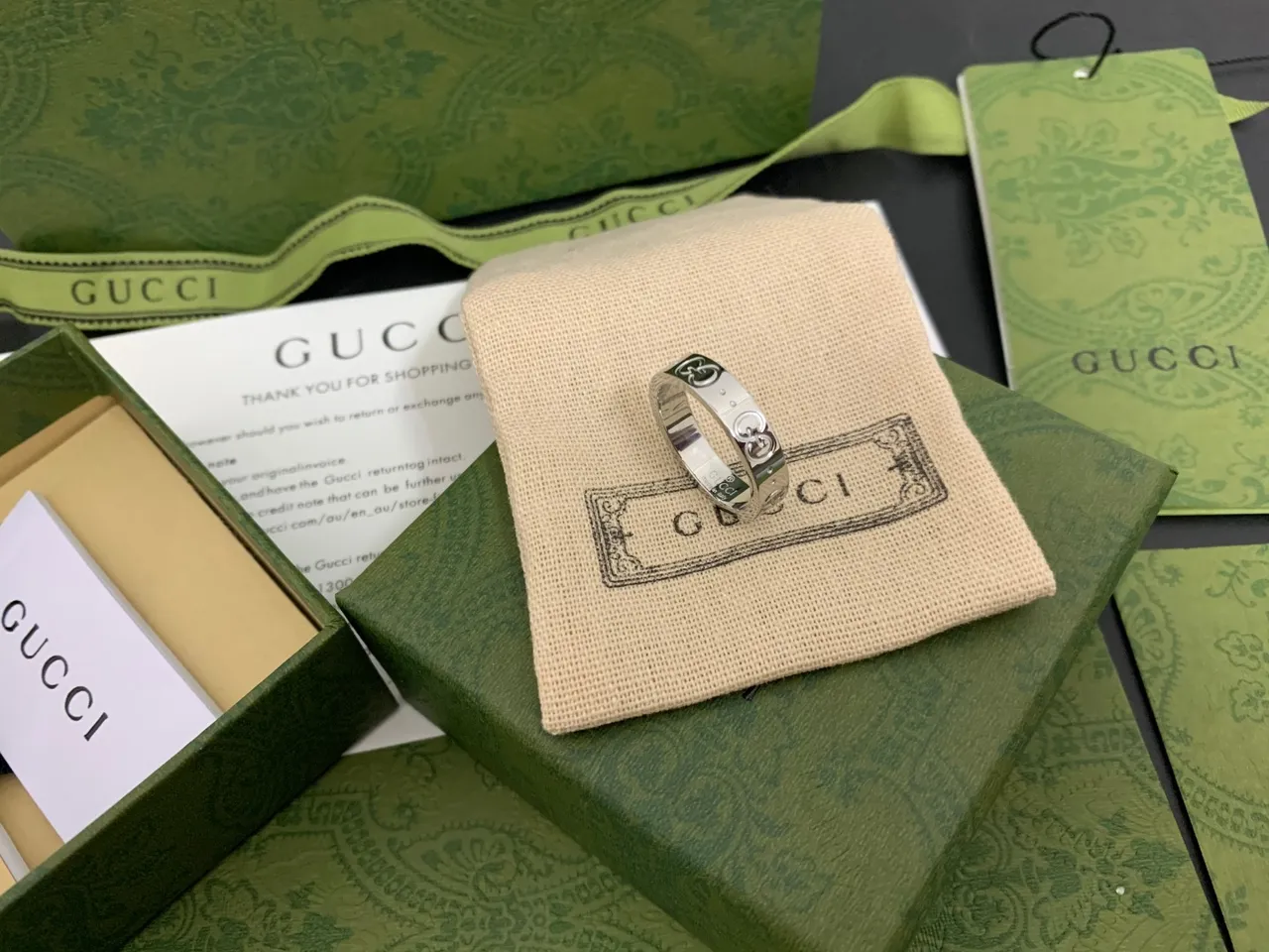 Gucci Interlocking G Green Gold Motif Stackable Band Design Ring 9