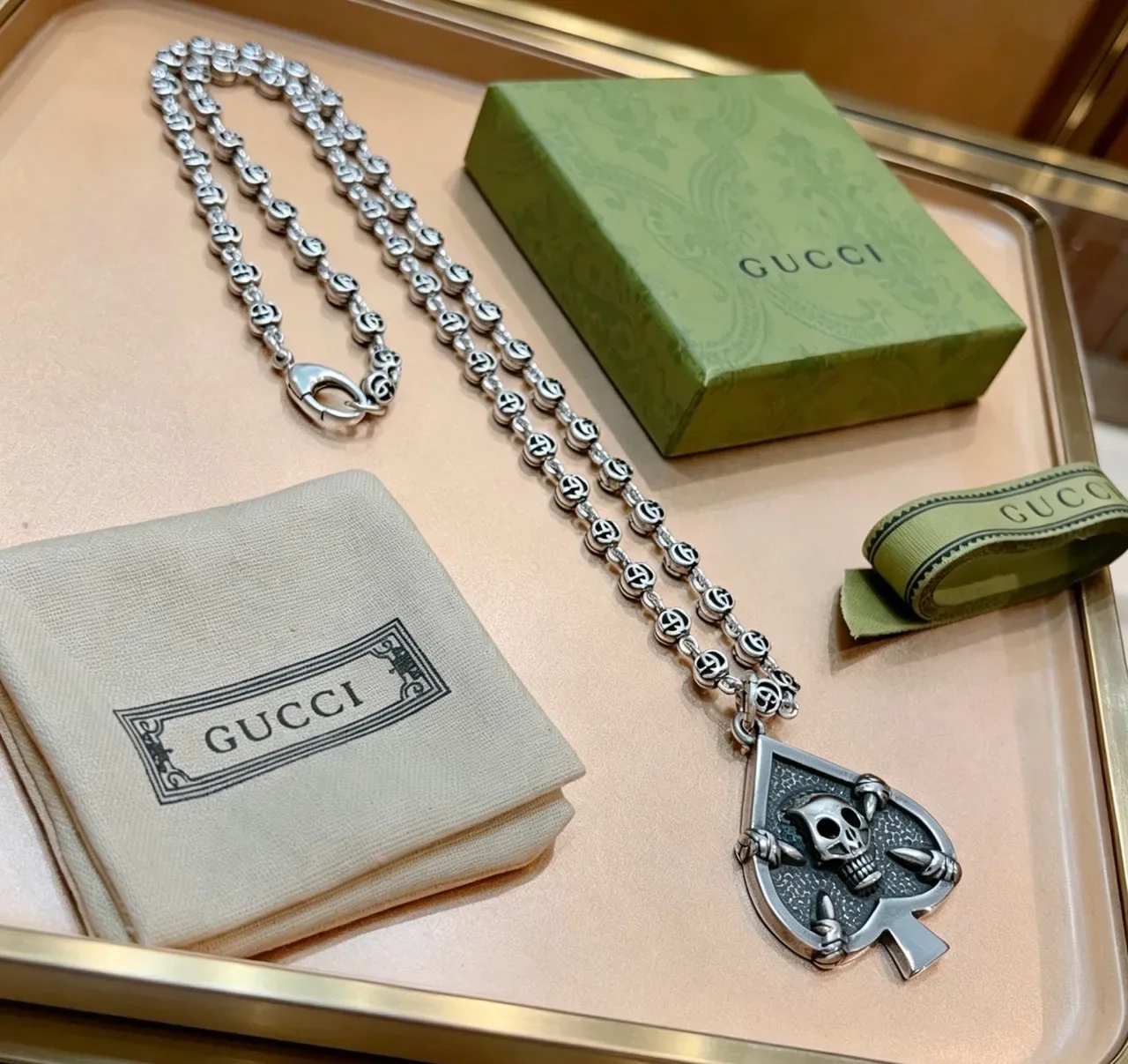 Gucci Interlocking G-Link Spade Skull Pendant Necklace 2