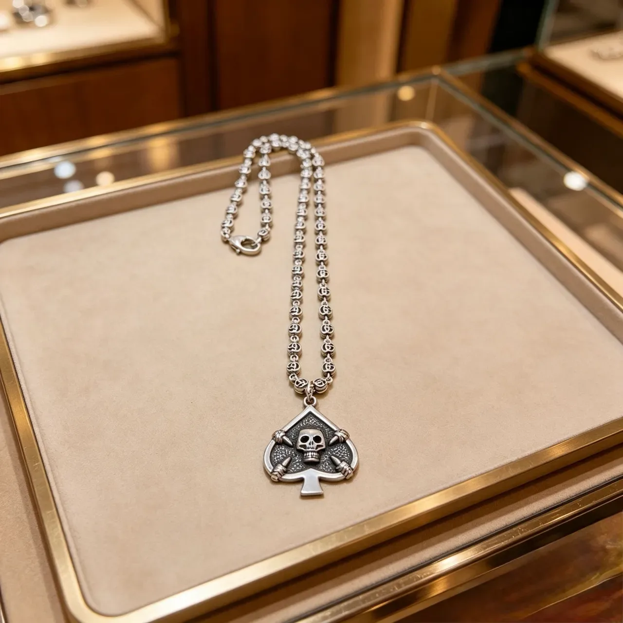 Gucci Interlocking G-Link Spade Skull Pendant Necklace 6