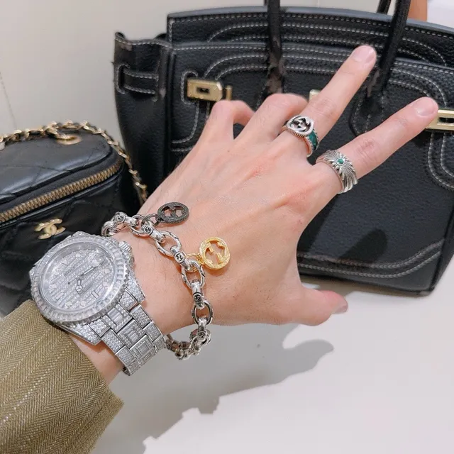 Gucci Interlocking G Motif Chain Bracelet Silver Gold Chunky Oval-Link Bracelet 5