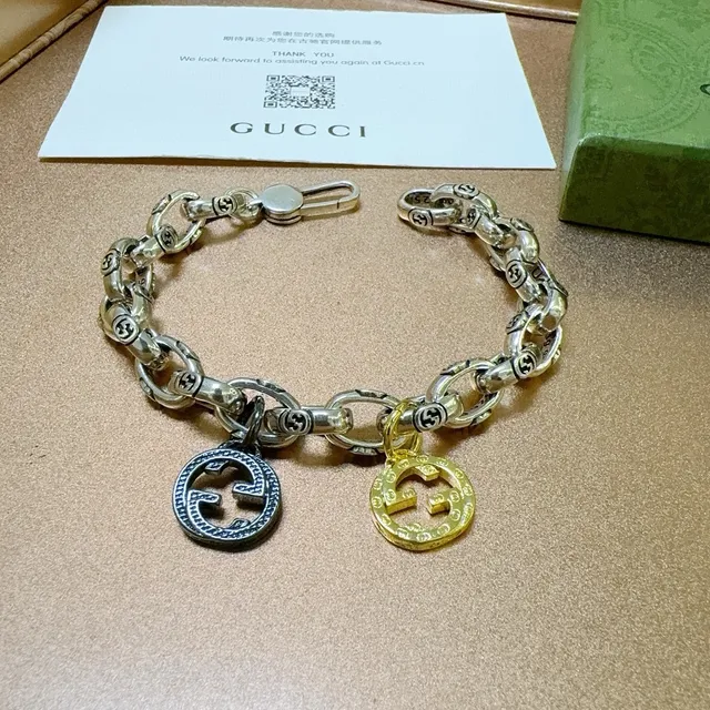Gucci Interlocking G Motif Chain Bracelet Silver Gold Chunky Oval-Link Bracelet 6