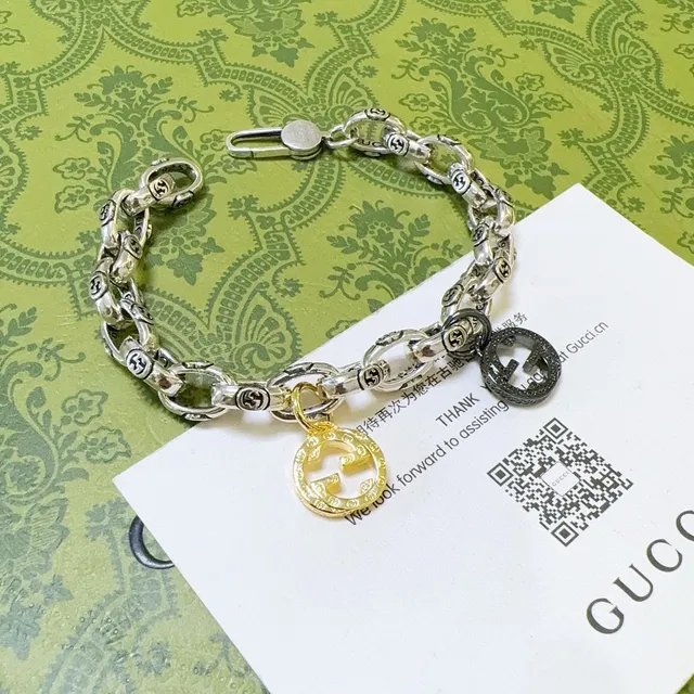 Gucci Interlocking G Motif Chain Bracelet Silver Gold Chunky Oval-Link Bracelet 7