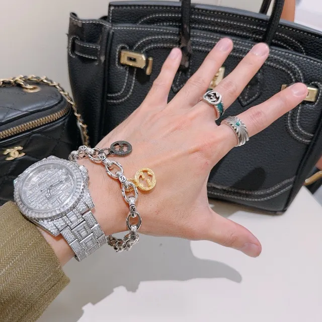 Gucci Interlocking G Motif Chain Bracelet Silver Gold Chunky Oval-Link Bracelet 8