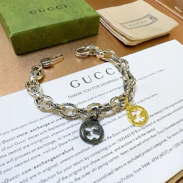 Gucci Interlocking G Motif Chain Bracelet Silver Gold Chunky Oval-Link Bracelet 9