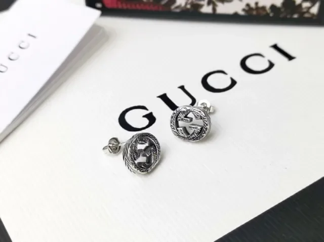 Gucci Interlocking G Stud Silver Black Circular Logo Earrings 3