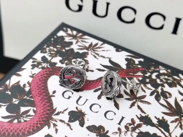 Gucci Interlocking G Stud Silver Black Circular Logo Earrings 5