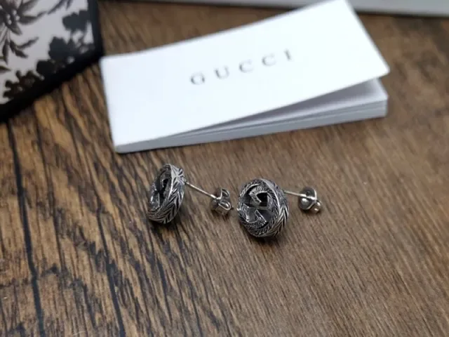 Gucci Interlocking G Stud Silver Black Circular Logo Earrings 6