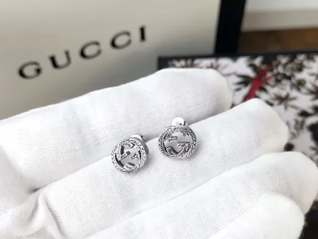 Gucci Interlocking G Stud Silver Black Circular Logo Earrings 7