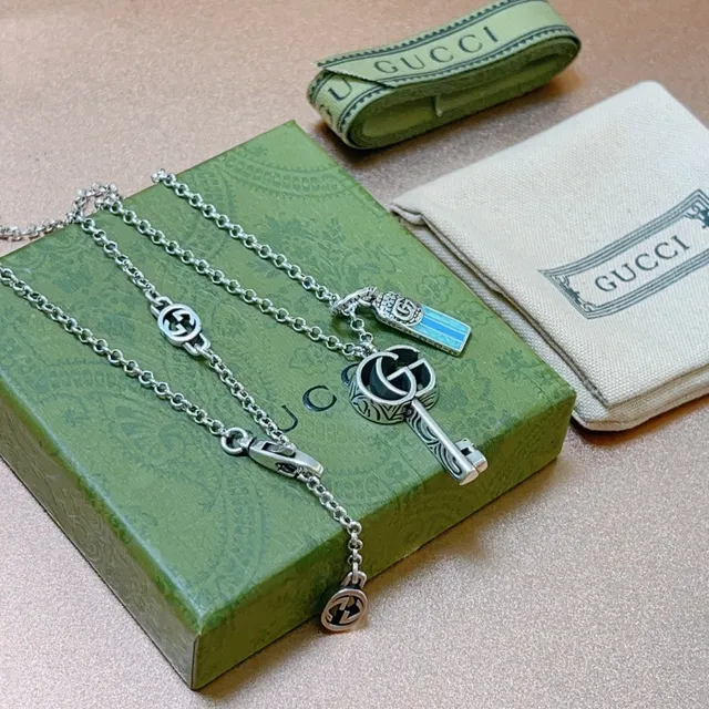 Gucci Key Pendant Silver Blue Chain Interlocking G Logo Necklace 2