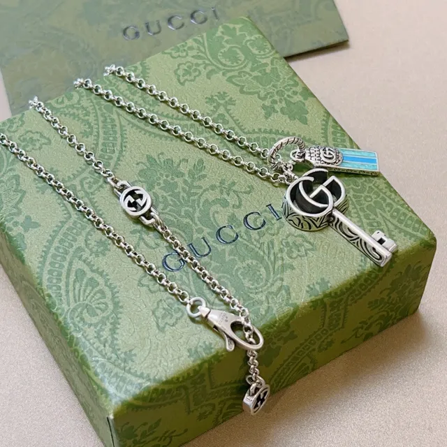Gucci Key Pendant Silver Blue Chain Interlocking G Logo Necklace 4