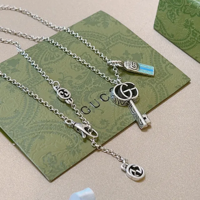 Gucci Key Pendant Silver Blue Chain Interlocking G Logo Necklace 5