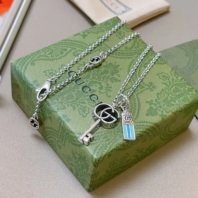 Gucci Key Pendant Silver Blue Chain Interlocking G Logo Necklace 6
