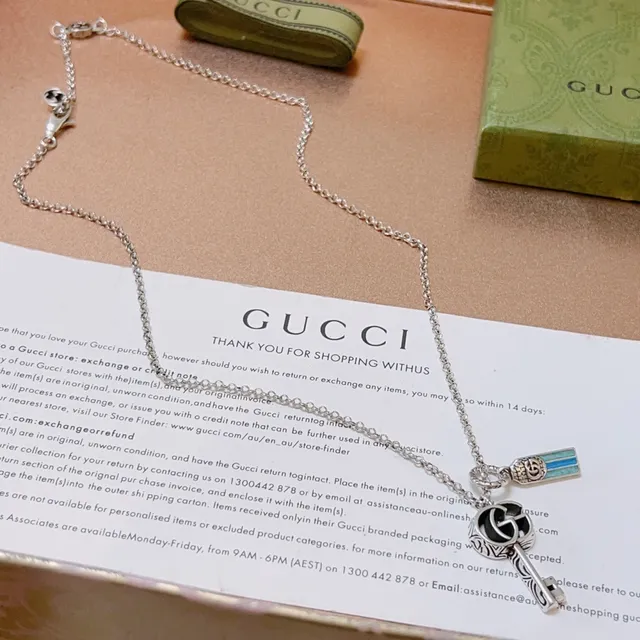 Gucci Key Pendant Silver Blue Chain Interlocking G Logo Necklace 7