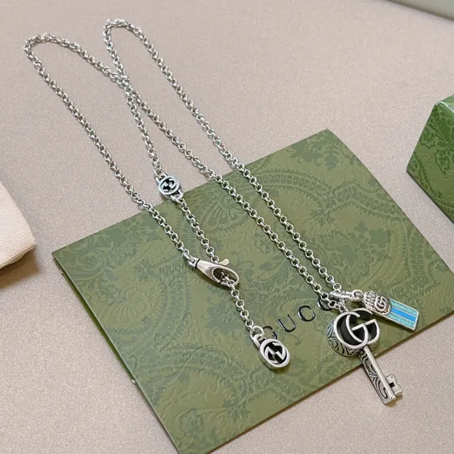 Gucci Key Pendant Silver Blue Chain Interlocking G Logo Necklace 8