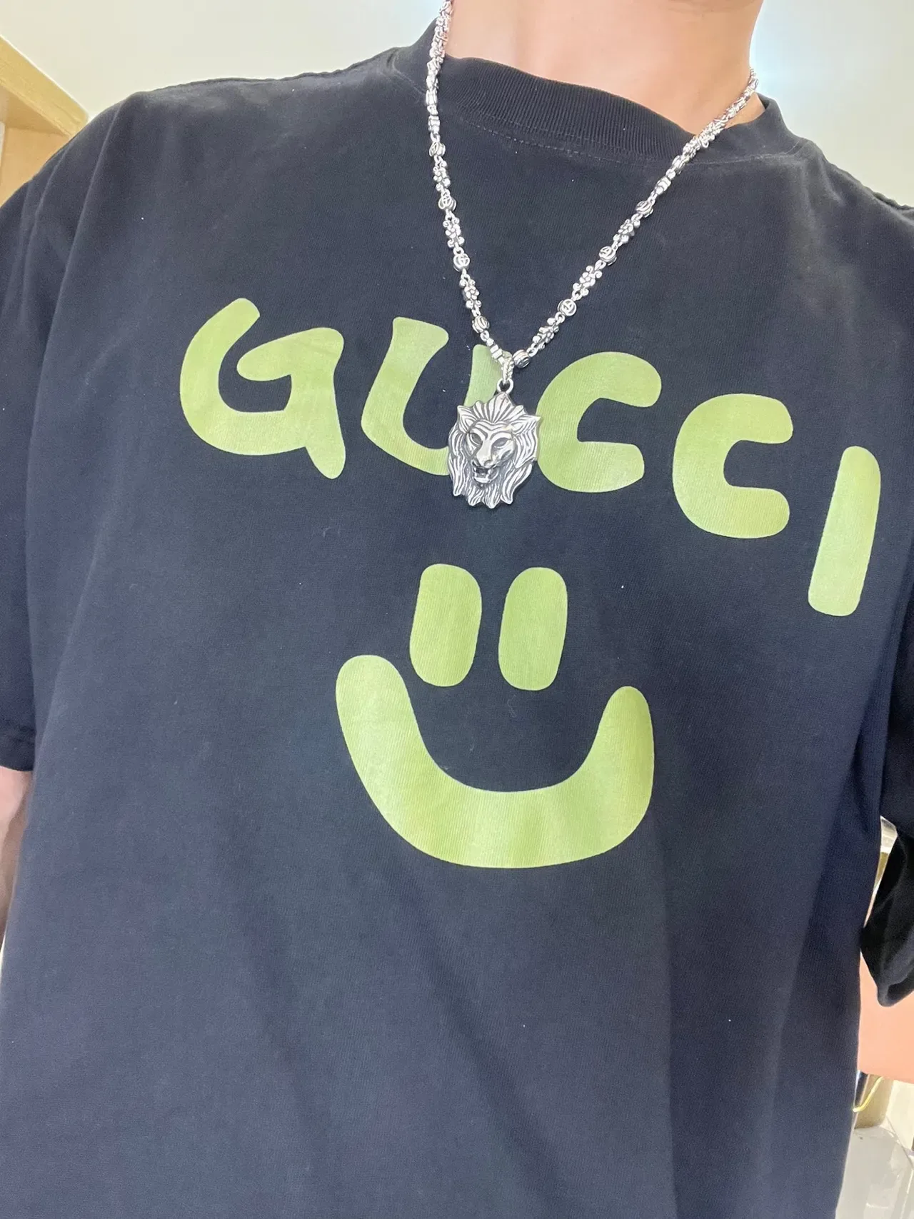 Gucci Lion Head Necklace Silver Beige Pendant Interlocking G Chain Necklace 3