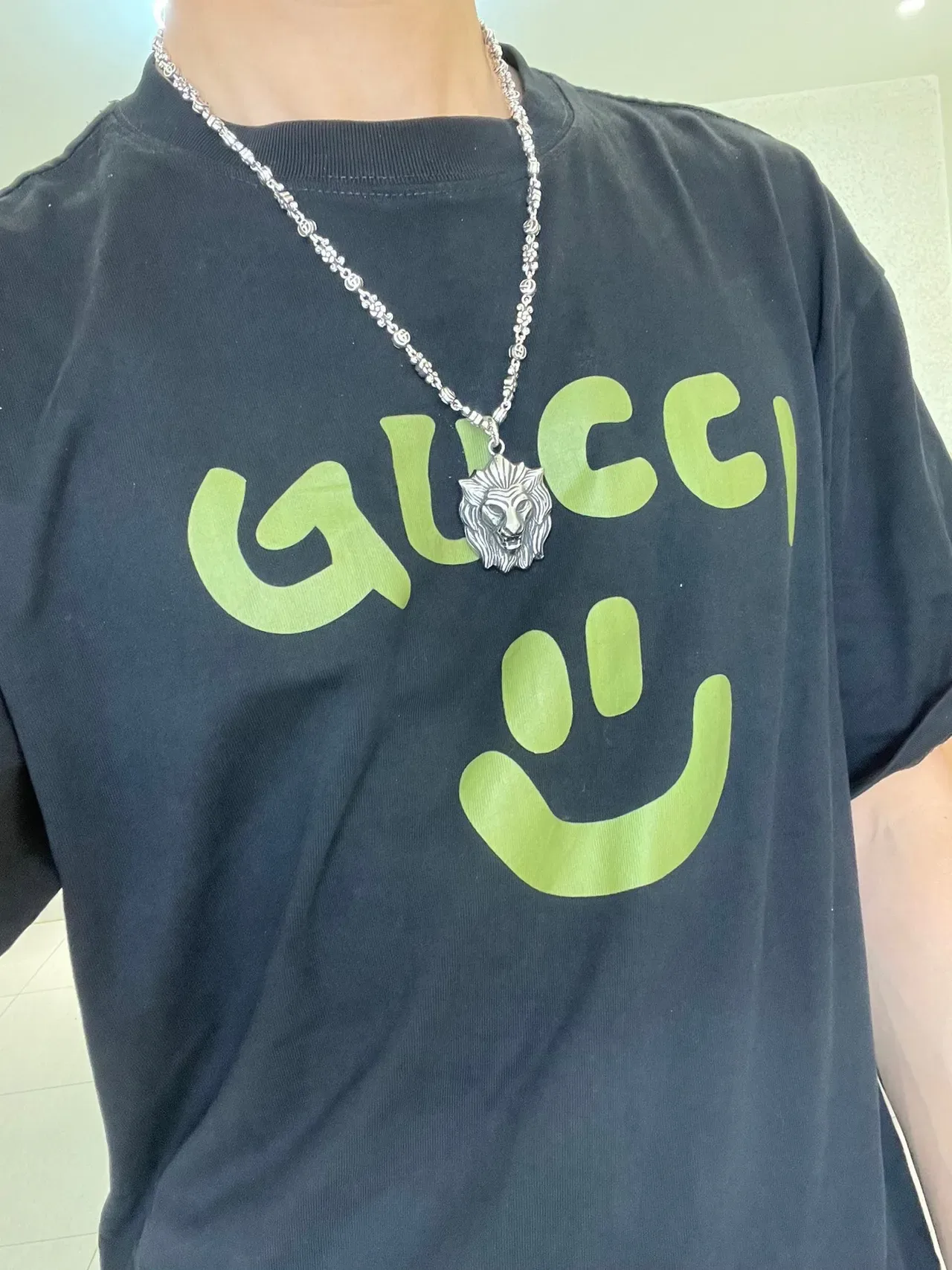 Gucci Lion Head Necklace Silver Beige Pendant Interlocking G Chain Necklace 5