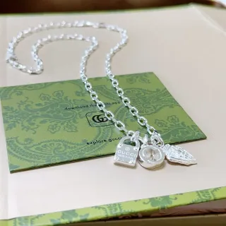 Gucci Multi-Charm Silver Padlock Interlocking G Leaf Necklace