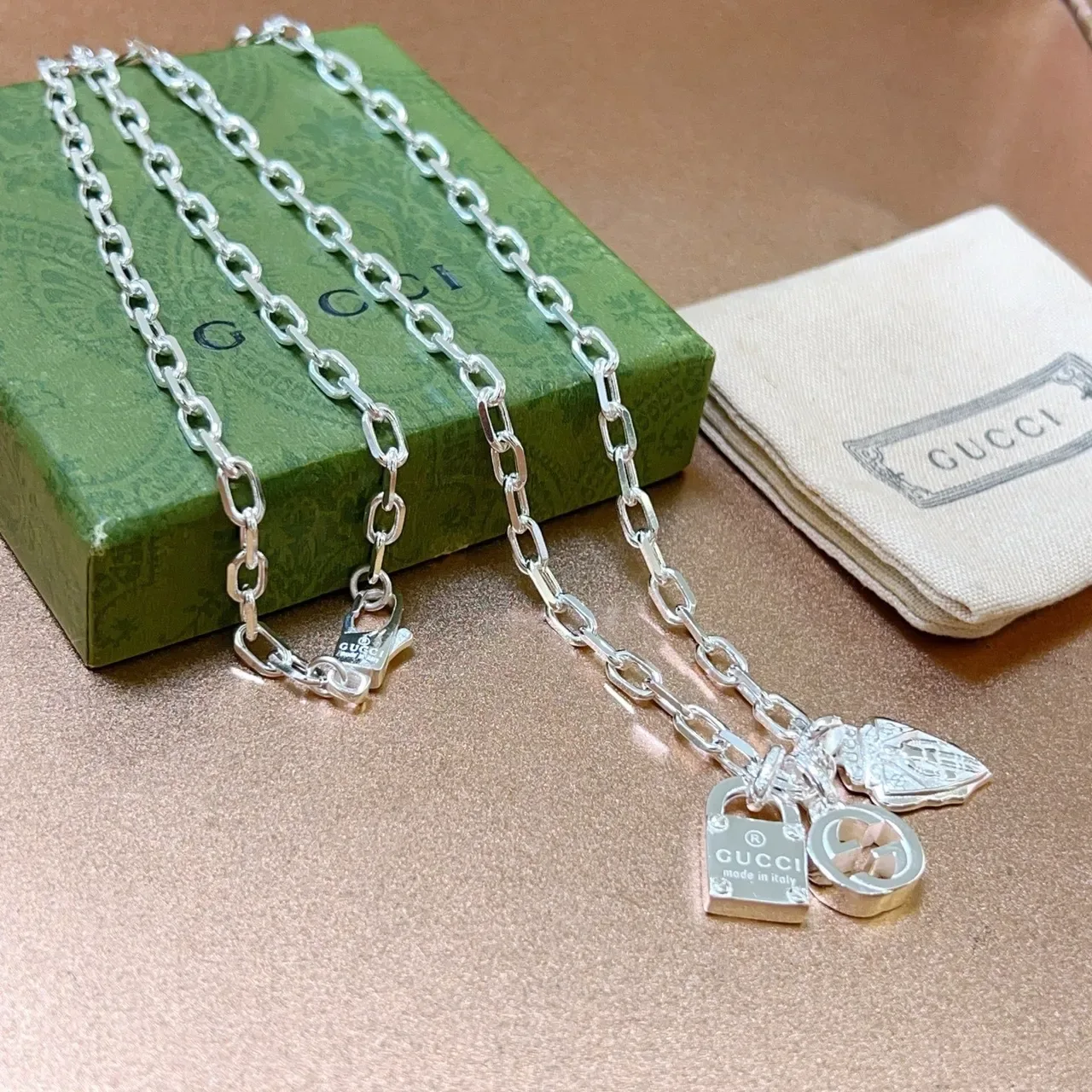 Gucci Multi-Charm Silver Padlock Interlocking G Leaf Necklace 3