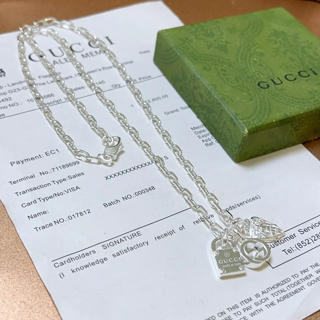 Gucci Multi-Charm Silver Padlock Interlocking G Leaf Necklace 7
