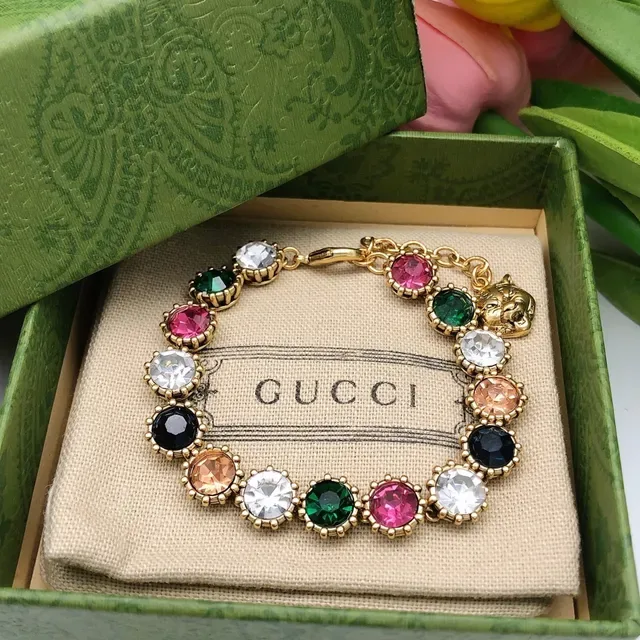 Gucci Multicolor Crystal Lion Head Charm Bracelet 1