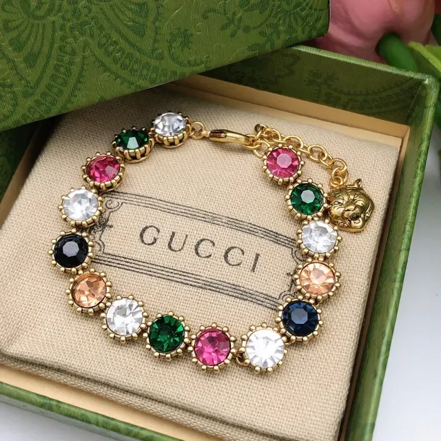 Gucci Multicolor Crystal Lion Head Charm Bracelet 4