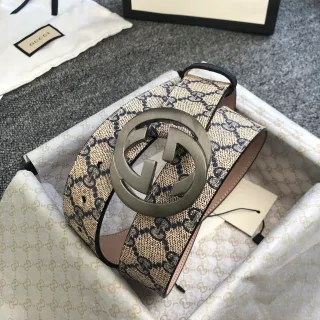 Gucci Ophidia Beige Black GG Monogram Canvas Interlocking G Buckle Leather Belt
