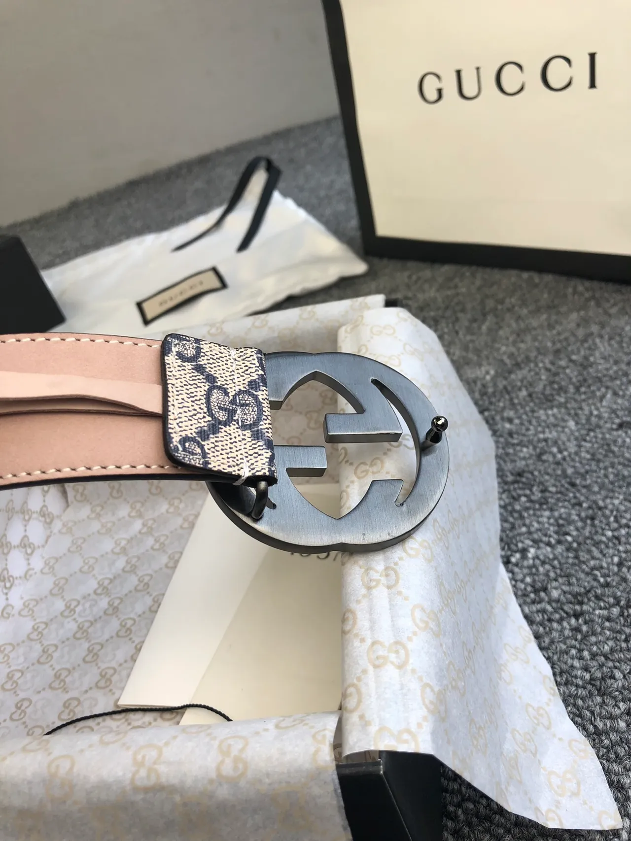 Gucci Ophidia Beige Black GG Monogram Canvas Interlocking G Buckle Leather Belt 2