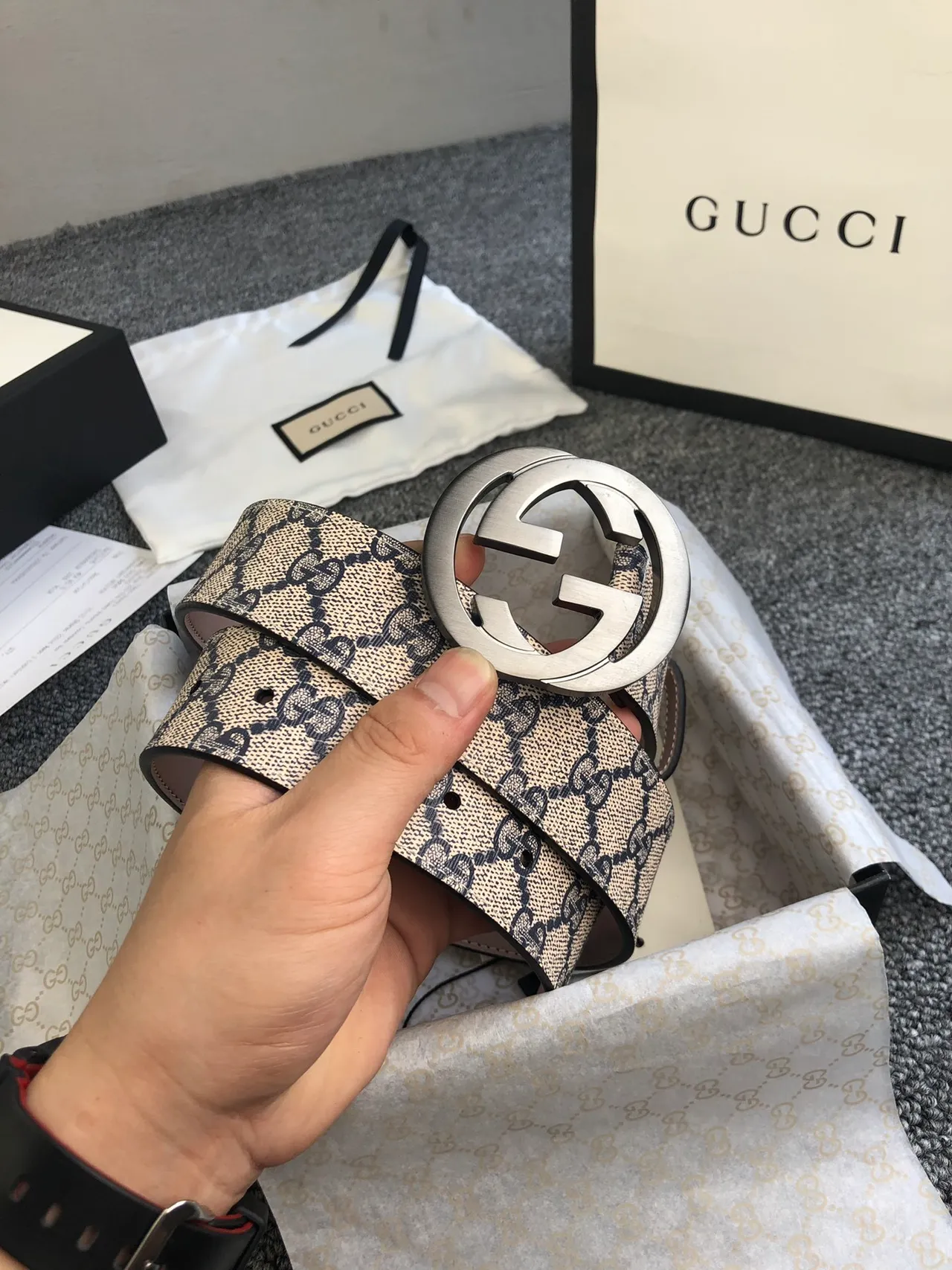 Gucci Ophidia Beige Black GG Monogram Canvas Interlocking G Buckle Leather Belt 4