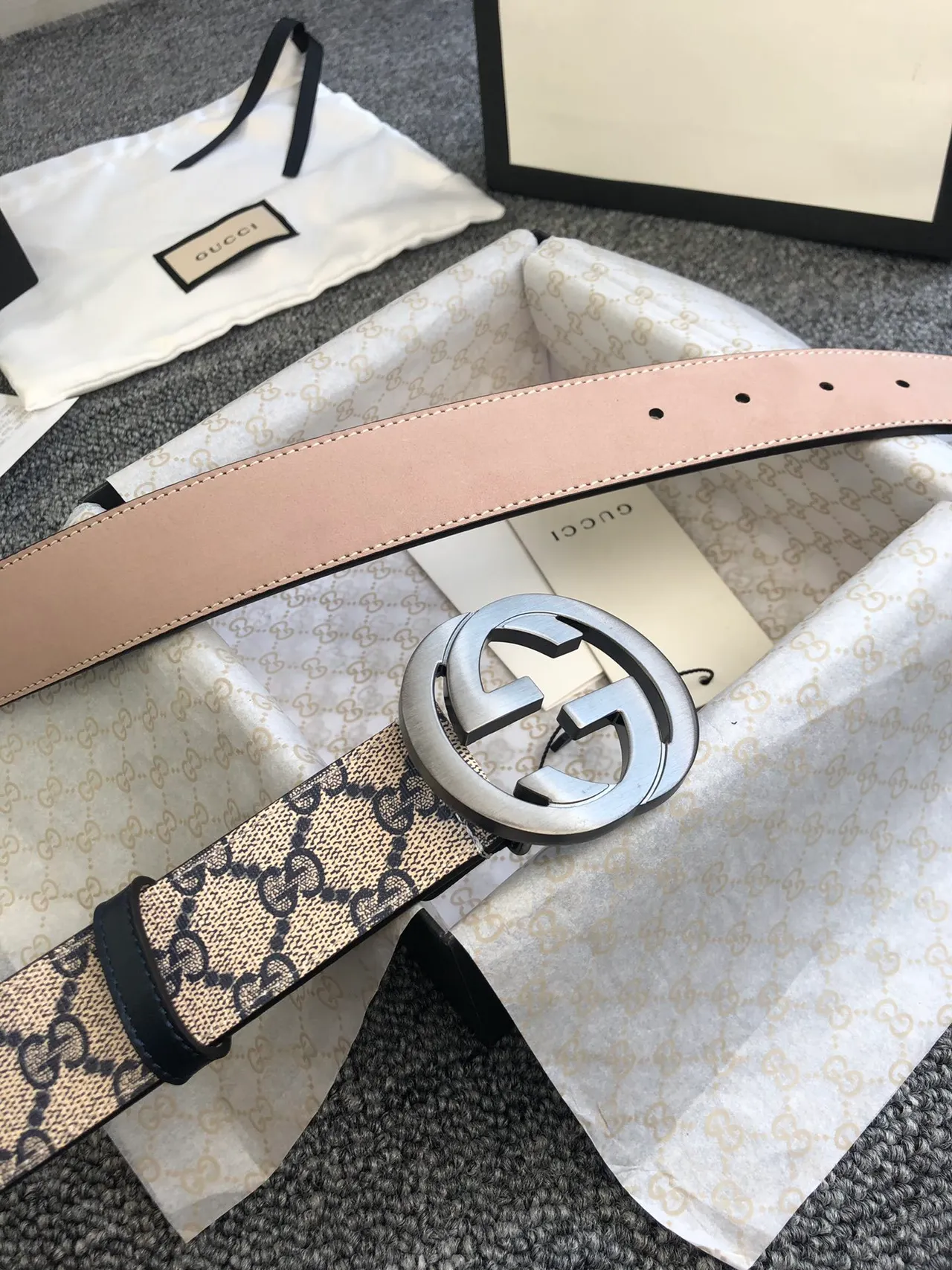 Gucci Ophidia Beige Black GG Monogram Canvas Interlocking G Buckle Leather Belt 5