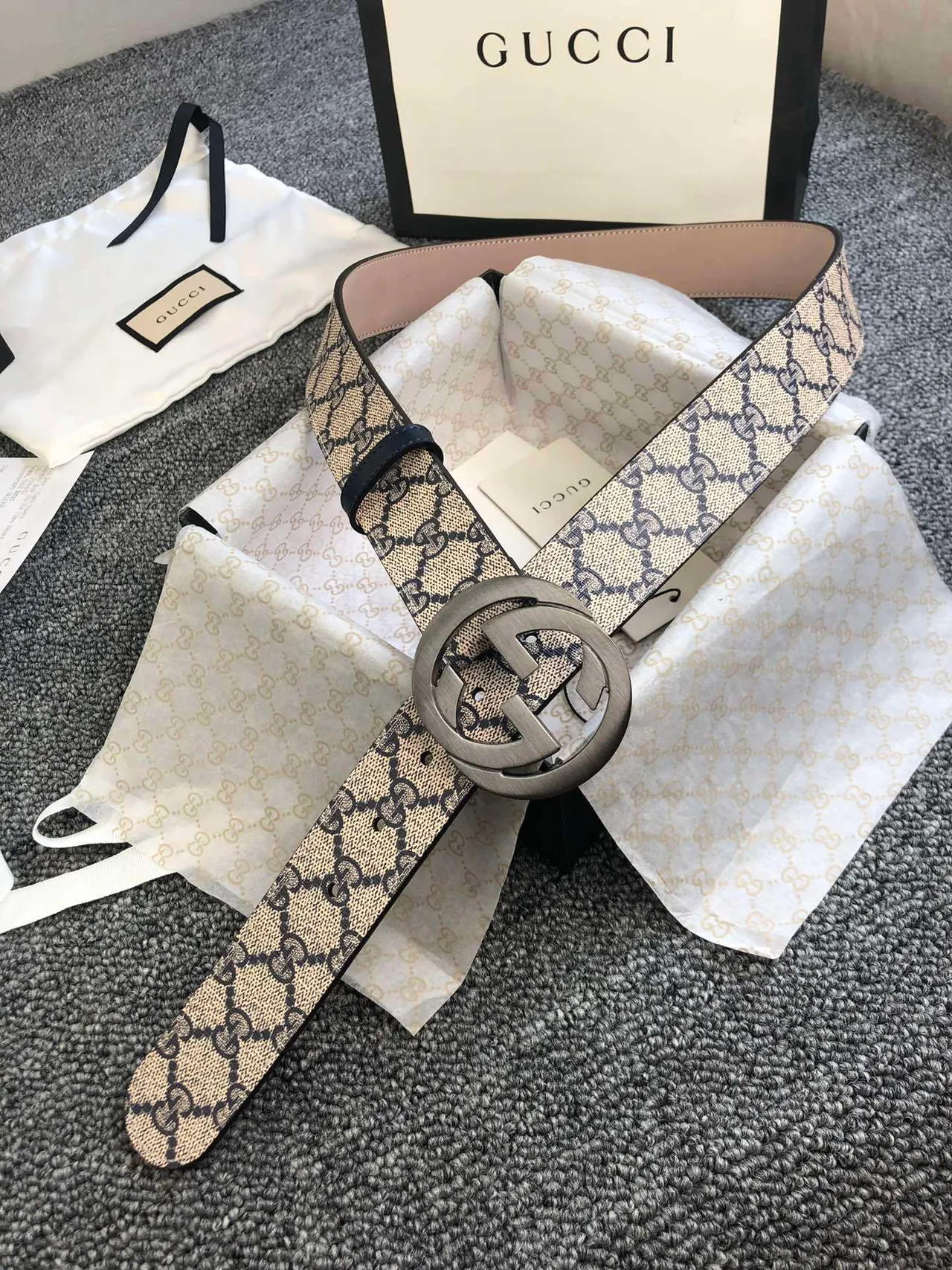 Gucci Ophidia Beige Black GG Monogram Canvas Interlocking G Buckle Leather Belt 6