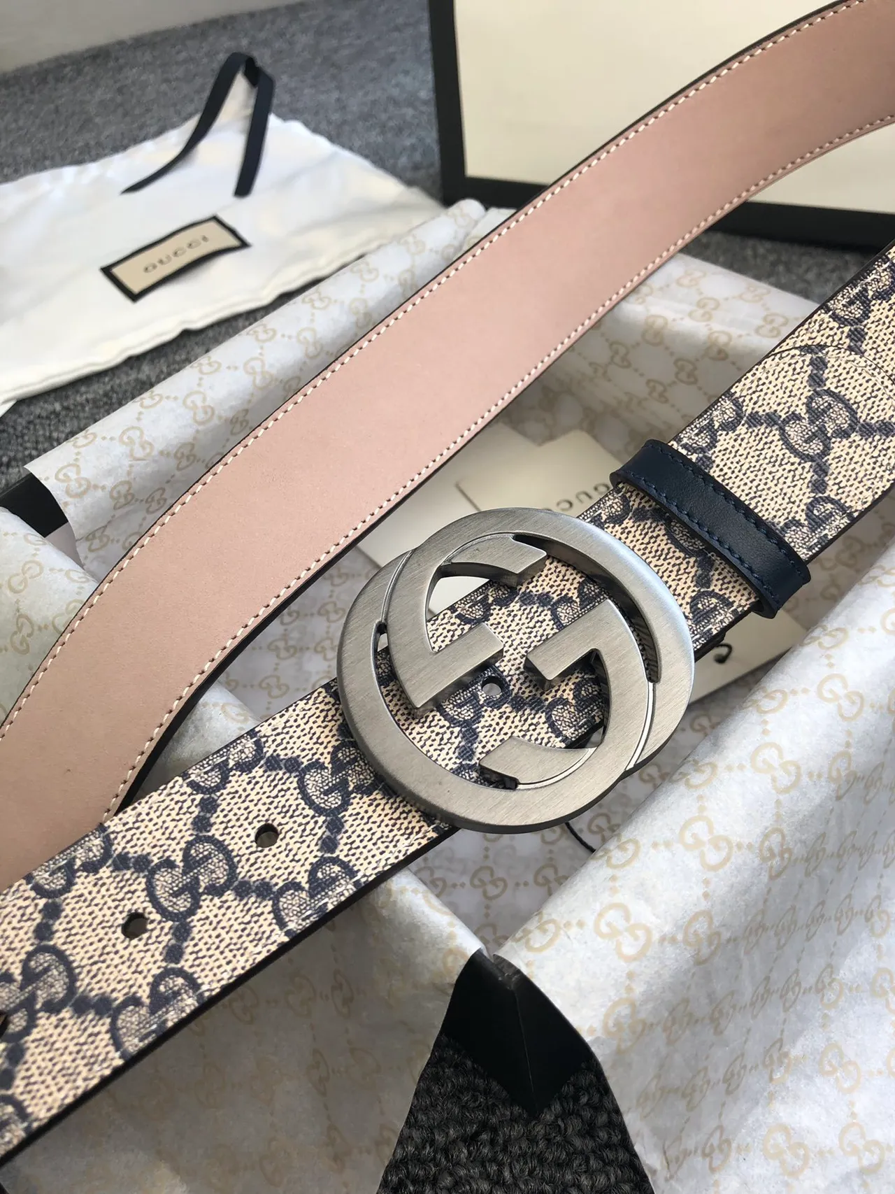 Gucci Ophidia Beige Black GG Monogram Canvas Interlocking G Buckle Leather Belt 7