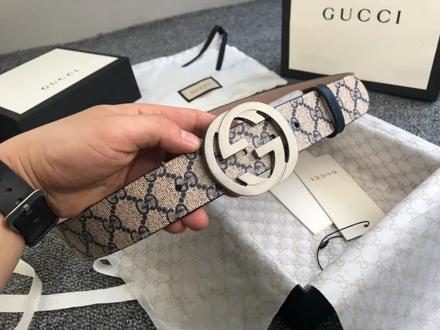 Gucci Ophidia Beige Black GG Monogram Canvas Interlocking G Buckle Leather Belt 8