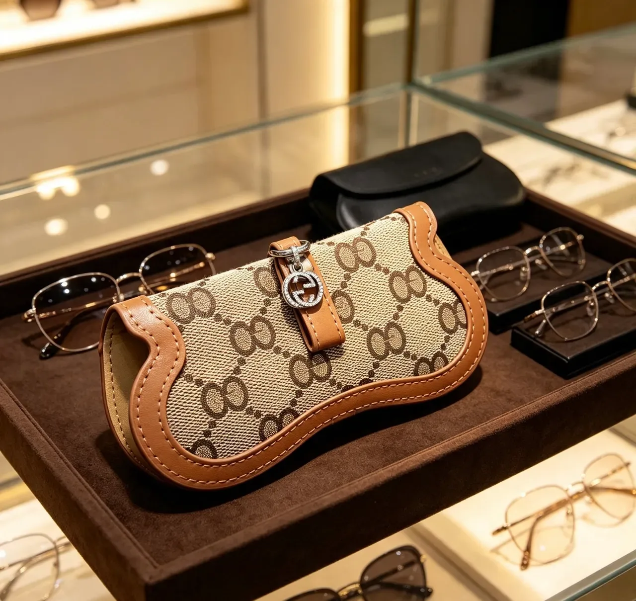 Gucci Ophidia Beige Brown GG Monogram Canvas Tan Leather Trim óculos de sol 7