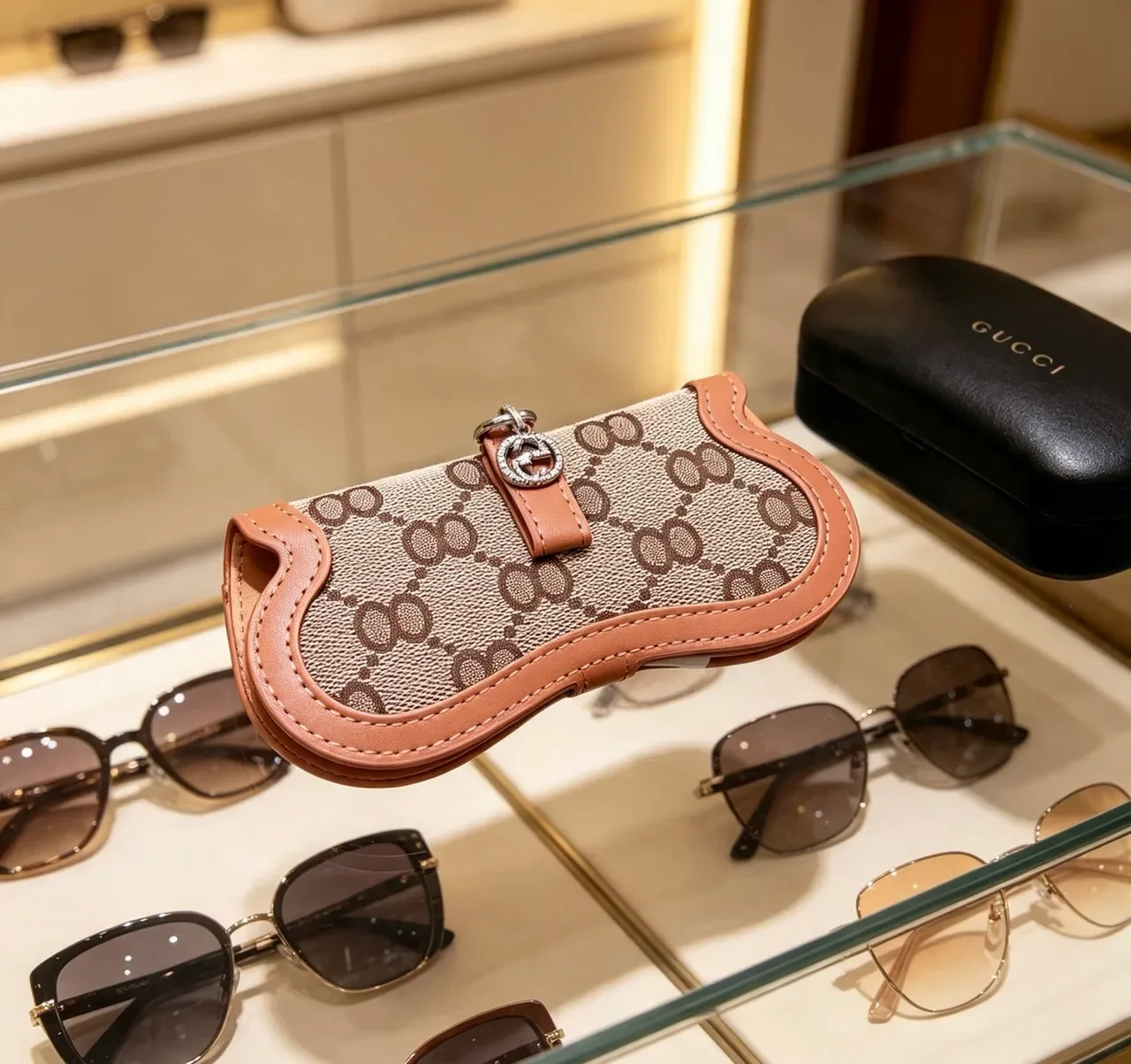 Gucci Ophidia Beige Brown GG Monogram Canvas Tan Leather Trim óculos de sol 8