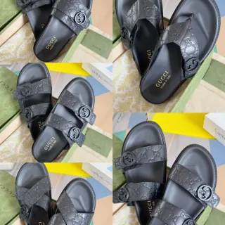 Gucci Ophidia Noir et Doré Embossed GG Monogram Interlocking G Buckles Sandales