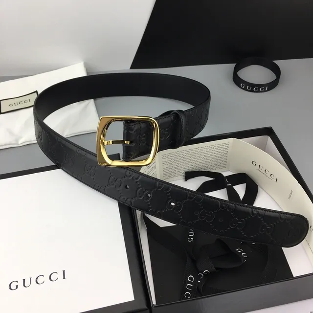 Gucci Ophidia Black Gold Embossed GG Monogram Rectangular Buckle Leather Belt 2