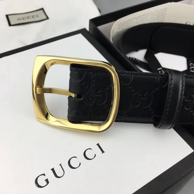 Gucci Ophidia Black Gold Embossed GG Monogram Rectangular Buckle Leather Belt 3